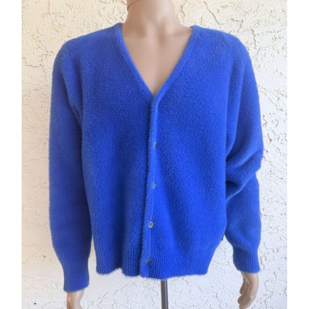 STUSSY Mens Blue Cardigan Sweater Fuzzy Long Sleeve NWOT with minor flaws Size M